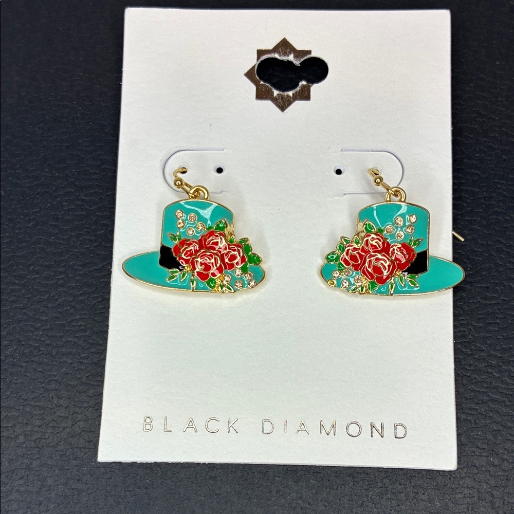 Black Diamond Derby Hat Earring in Teal with Red Flowers and Rhinestones
